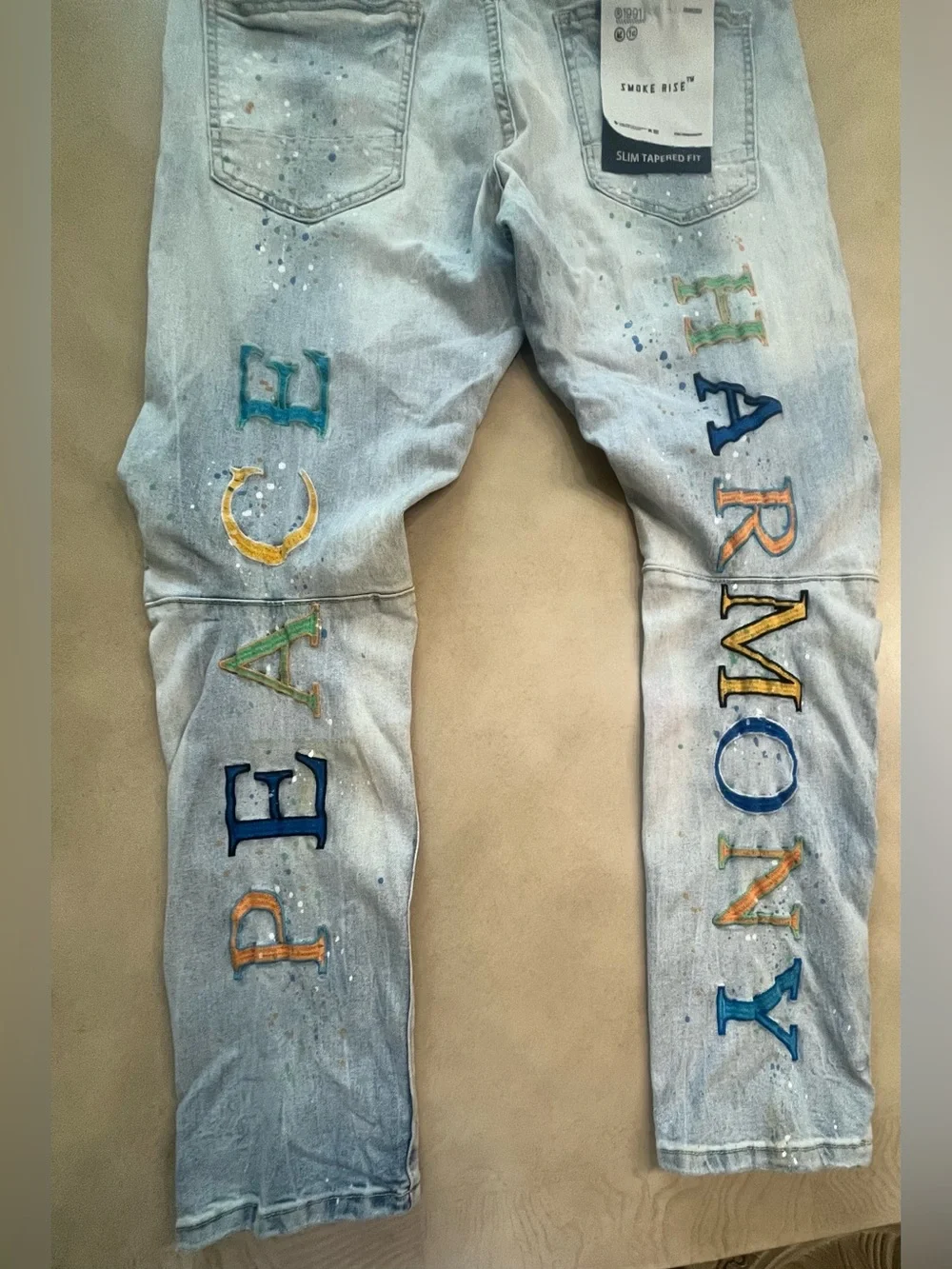 Smoke Rise “Peace & Harmony” Embroidered Distressed Jeans 38x32